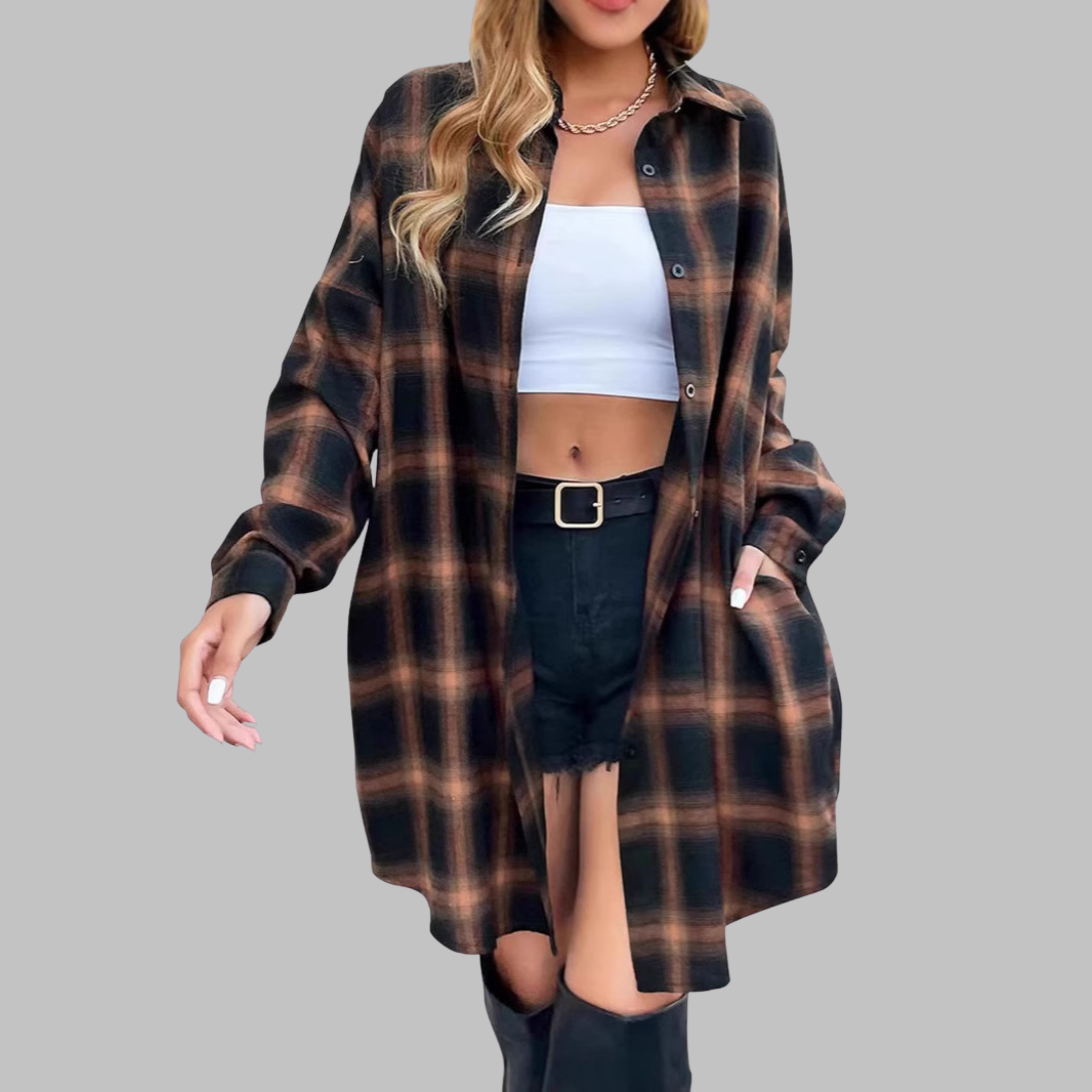 PALOMA™ - Classy Button Down Plaid Long-Sleeve Jacket